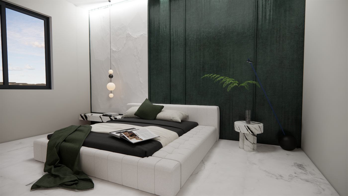Master bedroom with dark feature wall