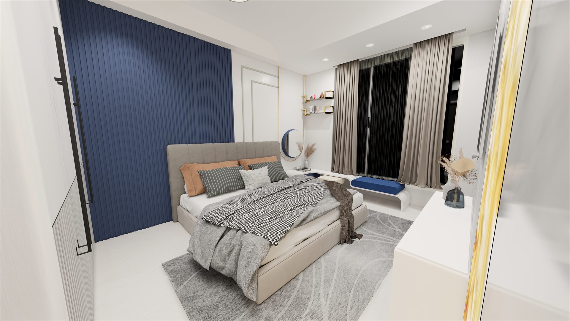 Calm, uncluttered bedroom concept